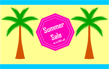 Bright summer sale banner with palm trees on a yellow background and a pink sticker with the inscription - Summer sale. Up to 50% off