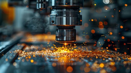 Close-up of a precision CNC milling machine cutting metal with sparks flying, symbolizing industrial manufacturing and technology
