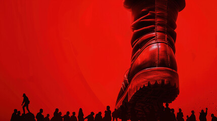 Dominance and Oppression: giant boot crushing silhouetted crowd against a stark red background.