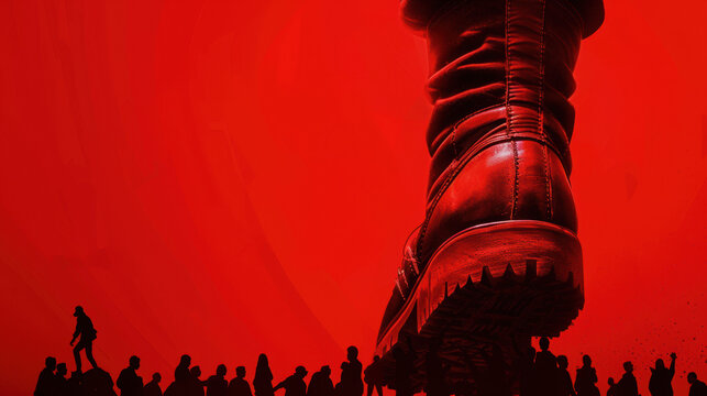 Dominance and Oppression: giant boot crushing silhouetted crowd against a stark red background.