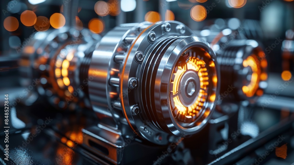 Poster a close-up view of a high-tech industrial machine part with intricate detailing and glowing light su