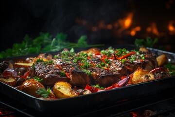 Juicy roasted meat and mushrooms , flame at the dark background, appetizing look.