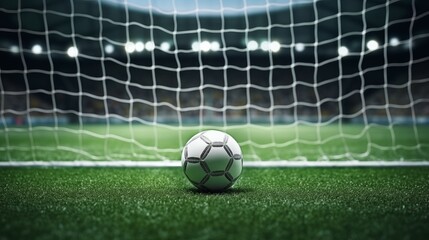 Soccer ball resting in front of goal net on a stadium field under bright lights