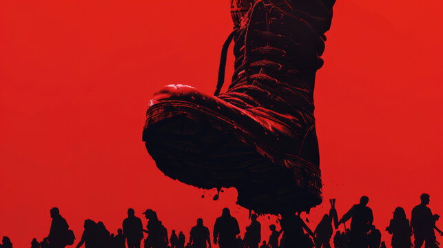 Dominance and Oppression: giant boot crushing silhouetted crowd against a stark red background.