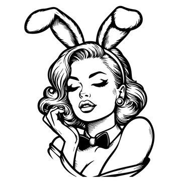 recommend clip art: pin-up girl with bunny ears black and white vector illustration