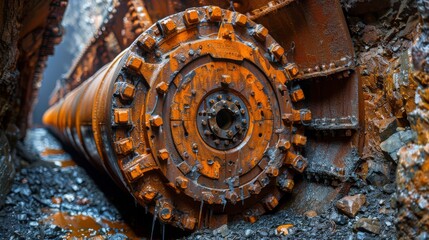 Detail shot of a rusty, worn-out industrial drill part with visible wear and tear, symbolizing industry decay