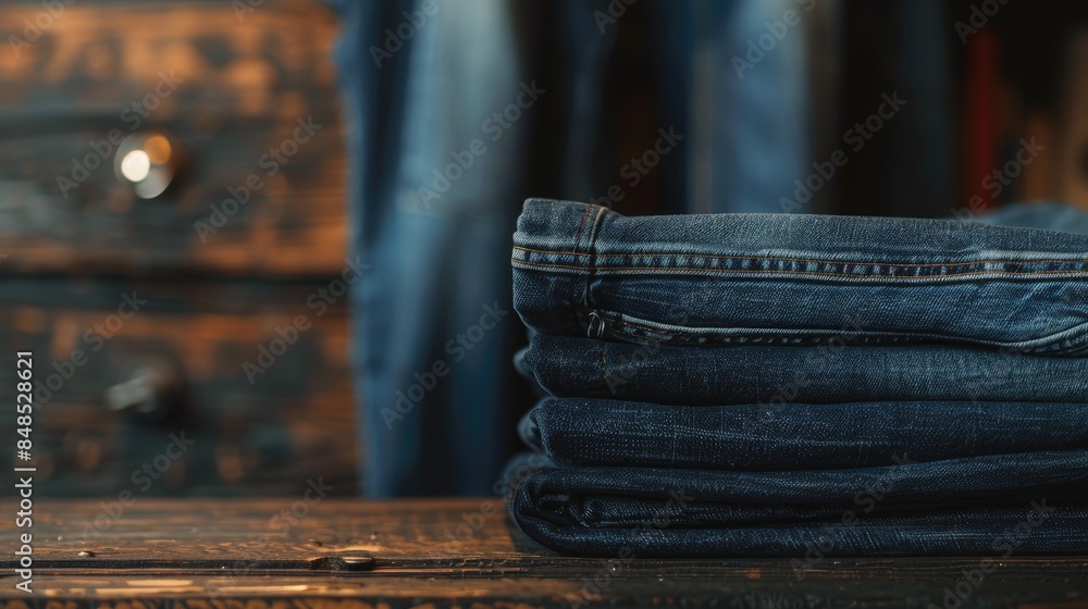 Aufkleber text space on a stack of folded jeans