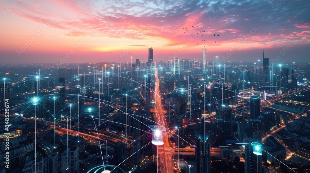 Poster smart city with connecting network and internet of things digital graphics over the skyline aig41