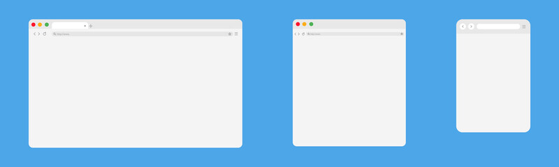 Web browser window isolated vector elements. Site template design on different devices. Mockup for website design on blue background