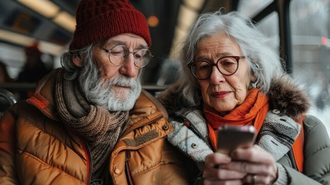 Elderly couple in winter clothing closely observing a smartphone screen together