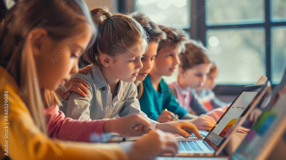 Aufkleber Group of TechSavvy Primary School Children Working on Their Laptop and Tablet Computers in Class Young Female Teacher Educating Kids on Internet Safety Basic Programming Languages and  : Generative AI