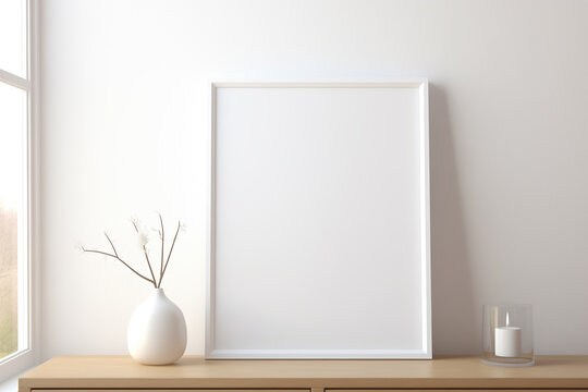 thin a4 sized frame mockup on a drawer leaning against a bedroom wall, reflections of windows, tilted side view, angle shot 