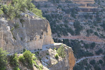 View of the Bright Angel Trail winding down in the Grand Canyon from the South Rim
