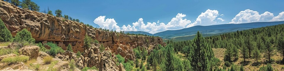 Naklejka premium Panoramic Mountain Landscape with Rocky Cliffs, Evergreen Forest, and Clear Blue Sky with Puffy Clouds in the Background