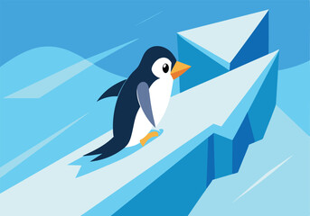 Cute penguin sliding down icy slope in cartoon style