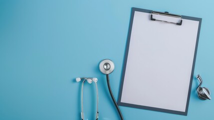 Blank medical clipboard with stethoscope on blue background. Medical banner template with copy space, header mockup. Healthcare and medical concept