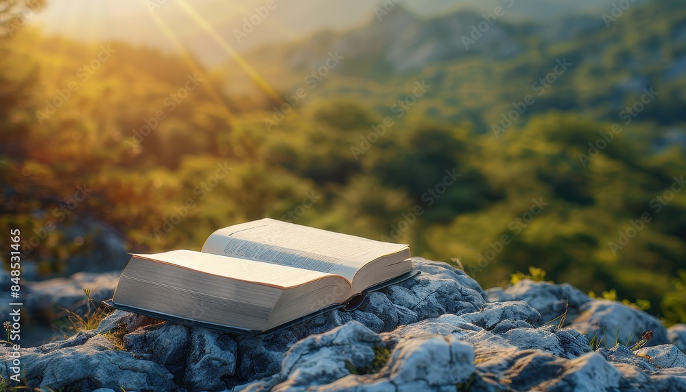 Wall mural An open book resting on rocky terrain with a scenic mountain view at sunrise, offering a tranquil and inspiring reading experience. - Wall murals