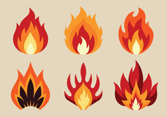 Vector illustration of six stylized fire flame icons