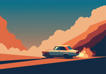 Naklejka premium Illustration of retro car speeding through a scenic desert landscape
