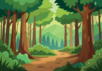 Obraz premium Peaceful forest path with tall trees and greenery