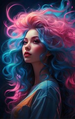 Fototapeta premium A painting of a woman with a blue and pink hair