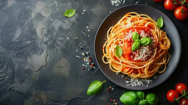 Tasty appetizing classic italian spaghetti pasta with tomato sauce, cheese parmesan and basil on plate on dark table