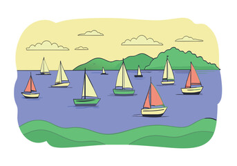 Colorful sailboats on peaceful lake with mountains in background