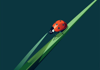 Fototapeta premium Illustrated ladybug on a green leaf with dark background