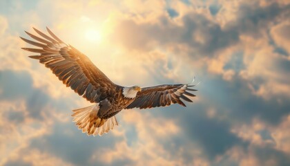 Obraz premium Majestic eagle soaring through the sky with wings spread wide against a dramatic sunrise background, symbolizing freedom and strength.