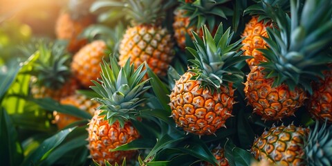 Pineapple with droplets of water on its surface, surrounded by lush green leaves.