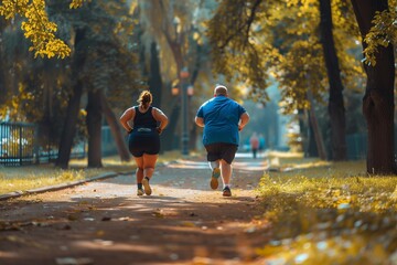 A couple runs down a path through a green park on a sunny day