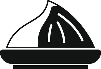 Black simple style icon of a half cutted fig showing the delicious red pulp on a plate