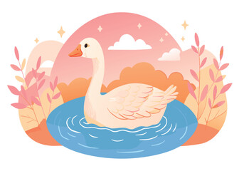 Elegant swan swimming in a scenic pastel colored pond