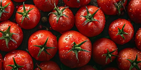 Lush red tomatoes with green stems fill the frame on a contrasting red background, showcasing freshness and uniformity.