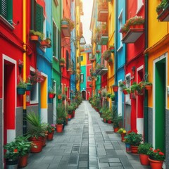 Fototapeta premium Urban Oasis: Hidden Alleyway with Colorful Walls. Colorful Building Facades. generative AI