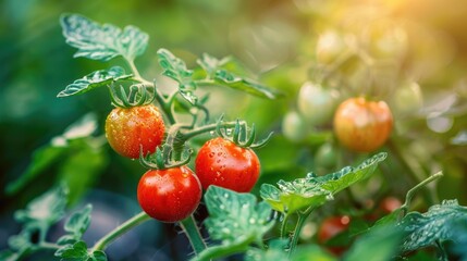 Close up image of young cherry tomatoes growing in the garden