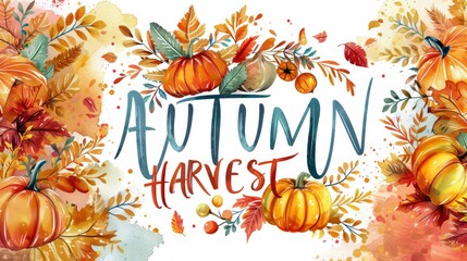 Fototapeta premium A watercolor illustration of pumpkins and fall leaves with the words Autumn Harvest written in blue