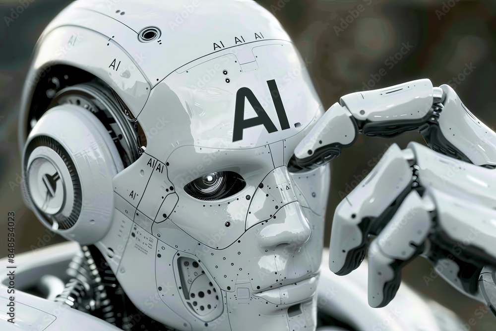 Poster ai robot with detailed face and digital elements in futuristic design