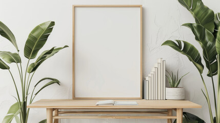 Clean wooden frame mockup close up standing near green tropical leaf