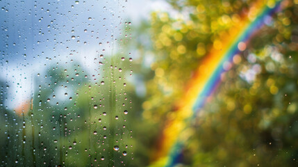 Raindrops on Window with Rainbow in the Background.