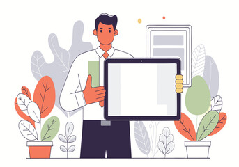 Business professional holding a blank tablet screen illustration