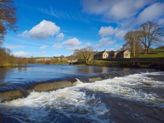 Barrow River in Ireland with rapids and resolution, in front of an old stone house, blue sky, trees, grassy fields on both sides of the river, spring time, perfect for use as background