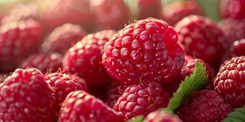 Macro shot of fresh, dew-covered raspberries with a soft-focus background. Raspberry banner. raspberry background.
