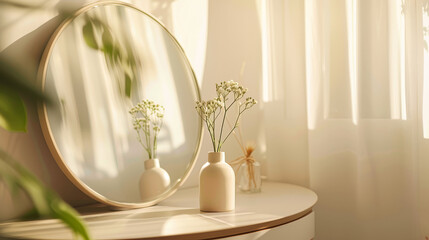 Beautiful bouquet of flowers in a white vase on a modern beige dressing table with a round mirror by the window with morning sunlight and shadow. Background.