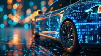 Electric Car with Futuristic Glow and Binary Code