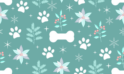 Cute Christmas seamless vector pattern background illustration with red paw prints, bones, stars, mistletoe and snowflakes. Christmas with dog