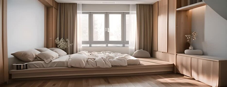 A bed is placed next to a window in a spacious minimalist bedroom. The room also features a wooden dresser and a sliding door wardrobe on hardwood flooring. 4K Video