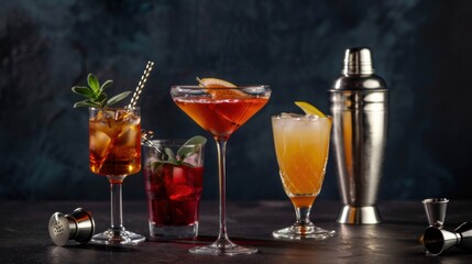 Various cocktail set with shaker on a dark background