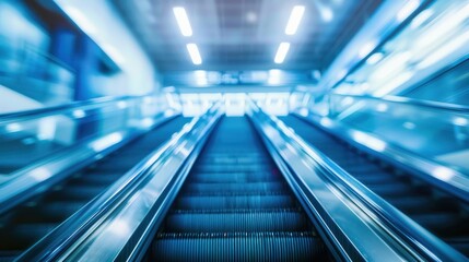 The escalator is blue and shiny. It is very tall and has many steps.