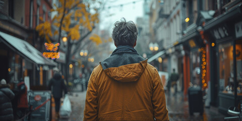 Fototapeta premium Mature Hispanic Man Walking Through Autumn Street